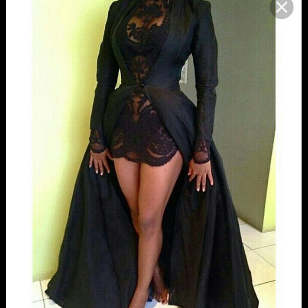 Long Black Chiffon Lace Casual Dress